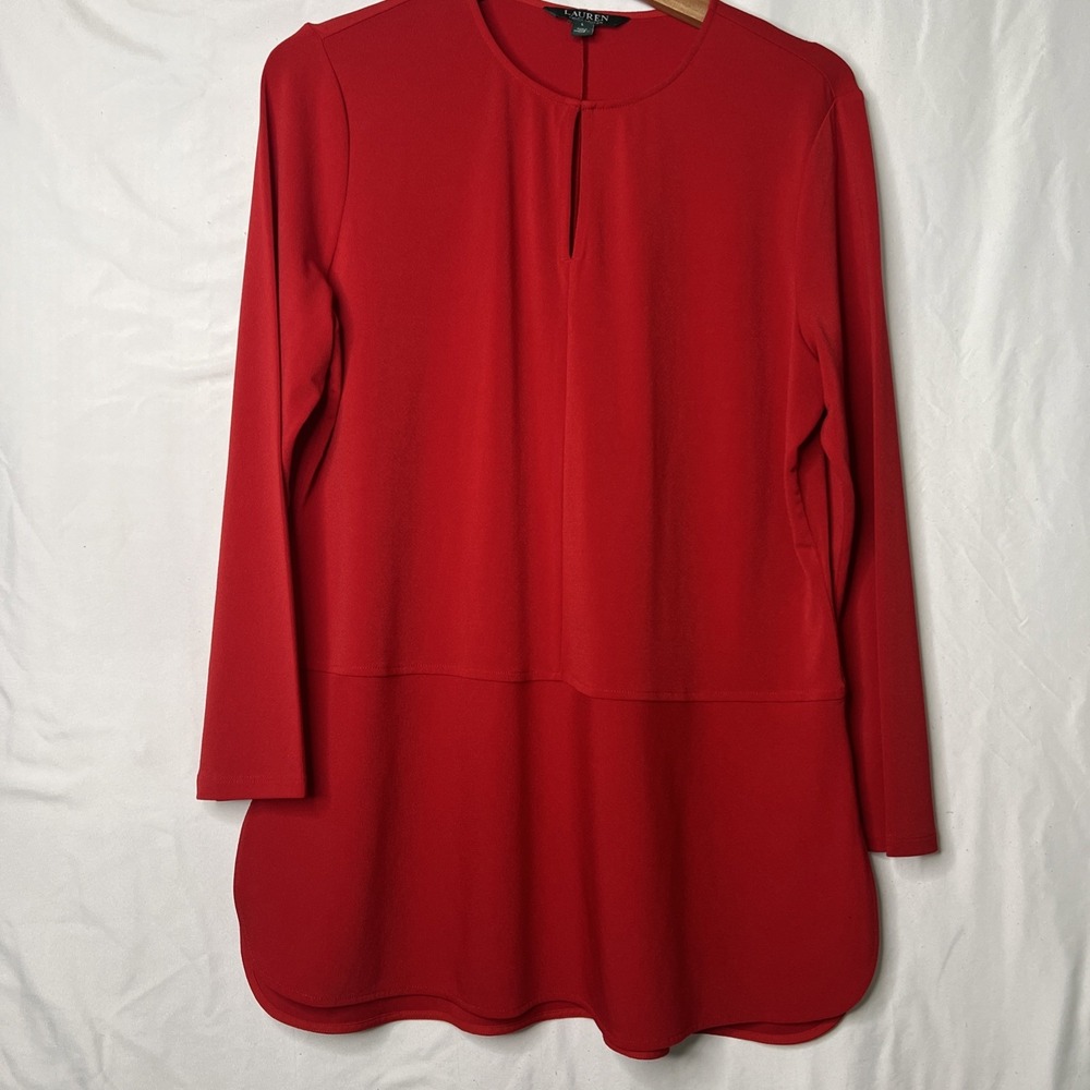 Lauren Ralph Lauren Women's Red Keyhole Long Sleeve Blouse Tunic Top Large